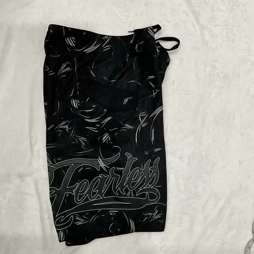 Fearless Skull Tattoo Board Shorts Cyber Y2K Goth Trunks Size 32